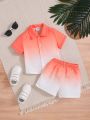 SHEIN Baby Boys' Gradient Collared Short Sleeve Shirt And Casual Shorts Set