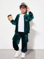 SHEIN Kids HYPEME Boys Casual And Comfortable Embroidered Pattern Velvet Hooded Jacket With Side Patch Pockets Trousers Suit