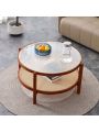 Modern minimalist circular double-layer solid wood coffee table, craft glass tabletop, second layer material: PE rattan, solid wood frame. 34.6 '* 34.6' * 17.7''