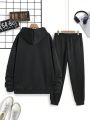 Men's Rose Printed Hooded Sweatshirt And Pants Suit With Drawstring Design