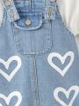 Baby Heart Print Flap Pocket Denim Overall Dress Without Tee