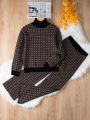 Teenage Girls' Geometric Pattern High Neck Sweater And Knitted Pant Set