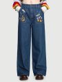 ROMWE Fairycore Embroidered Pattern Jeans