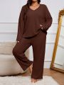 Plus Size Solid Color Ribbed Knit Pajama Set