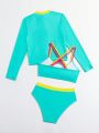 Girls' (Big) Color-Block Striped Long Sleeve T-Shirt And Swimsuit Set