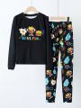 SHEIN Tween Boys' Tight-fitting Casual Round Neck Patterned T-shirt And Long Pants Homewear Set