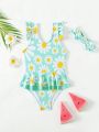 Infant Girls' One Piece Swimsuit With Random Floral Print And Ruffle Trim
