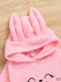SHEIN Kids QTFun Girls' Knitted Solid Color Fleece Bunny Embroidery Hoodie With Loose Fit