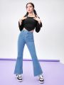Teen Girls' Casual Comfortable Basic Flared Sleeved Top And Hem Flared Jeans