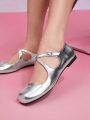 SHEIN MOD Rhinestone Buckle Square Toe Women's Flat Shoes