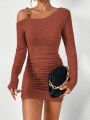 SHEIN Privé Asymmetrical Collar Ribbed Knit Slim Fit Dress