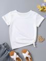 SHEIN Little Girls' Flamingo Print Short Sleeve T-Shirt With Letter Detail