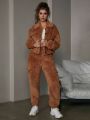 Women's Fashionable Faux Shearling Collar Jacket And Pants Two Piece Set For Autumn And Winter Daily Wear
