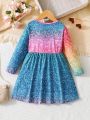 SHEIN Kids KDOMO Little Girls' Gradient Color Cartoon Pattern Detail Long Sleeve Pullover Dress, Suitable For Girly Style