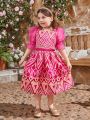 SHEIN Kids CHARMNG Little Girls' Vintage Patterned 2-Piece Set Including A V-Neck Mesh Blouse With 3/4 Puff Sleeves And A Half-Length Skirt