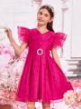 SHEIN Kids Nujoom Girls 1pc Ruffle Trim Belted Organza Dress