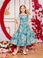 SHEIN Kids KDOMO Tween Girls' Floral Printed Mesh Patchwork Dress