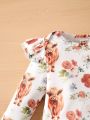 Baby Girls' Long Sleeve Romper With Petal Sleeves & Corduroy Suspender Skirt Set, Floral Print
