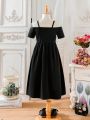 SHEIN Kids Nujoom Young Girls' Black Fuzzy Shoulder Cut Out Decoration Midi Dress, Suitable For Evening Party
