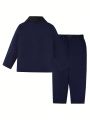 SHEIN Kids FANZEY Elegant Patchwork Contrasting Color Suit Jacket And Trousers Two-Piece Gentleman'S Suit For Boys