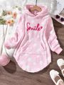 SHEIN Kids EVRYDAY Big Girls' Fleece Long Hoodie With Star And Letter Prints