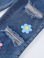 Teen Girls' Street Fashionable Cute Colorblock Flower Print Loose Comfortable Medium Blue Distressed Wide Leg Jeans