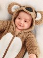 SHEIN Newborn Baby Boys' Cute Koala Shaped Hooded Romper With Ear Details And Thick Fleece Lining, Medium Thick