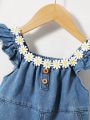 SHEIN SHEIN Baby Girl Spring Summer  Boho  Cute Small Daisy Girls Shorts,Doll Collar Denim Jumpsuit With Floral Decorations