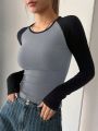 DAZY Casual Slim Fit Long Sleeve Color Block Patchwork T-Shirt