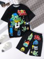 SHEIN Kids HYPEME Boys And Girls Casual Street Fashion Cartoon Printed Round Neck Short-Sleeved T-Shirt And Printed Shorts Knitted Two-Piece Set