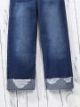 Girls' Distressed Straight Leg Jeans With Rolled Hem