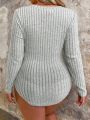 Plus Size Ribbed Knit Long Sleeve Bodysuit With Button Embellishment