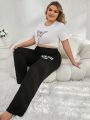 Simple Printed Sporty Casual Style Black Plus Size Pants, Lounge Pants