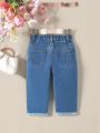Baby Girls' Basic Cute & Casual Elastic Waistband Denim Jeans With Colorful Flower Embroidery