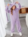SHEIN Teen Girls' Solid Color Fleece Hooded Jumpsuit For Casual Wear