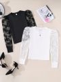 Teen Girls' 2pcs Butterfly Lace Bubble Long Sleeve Rib Knit T-Shirt
