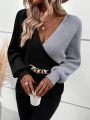 SHEIN LUNE Two Tone Chain Detail Batwing Sleeve Sweater