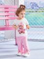 SHEIN 2pcs Baby Girls' Casual Bear Pattern Printed Top And Bell Bottom Pants Set For Outing, Spring And Summer