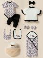 SHEIN Newborn Baby Girl Month Gift Box Set, Including Cute And Casual Leaf Ruffle Printed Short-Sleeved Romper And Long Pants In A Variety Of Outfits, Comfortable For Daily Wear In Spring And Summer