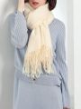 1pc Women's White Fringed Faux Cashmere Soft And Warm Scarf Shawl In Plus Size, Suitable For Daily Wear