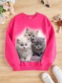 Teen Girls' Casual Cartoon Pattern Printed Long Sleeve Round Neck Sweatshirt, Suitable For Autumn And Winter