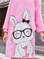 SHEIN Tween Girls' Knitted Hooded Cartoon Rabbit Pattern Loose Casual Sweater Dress