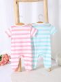SHEIN Cute Striped And Digital Printed Short Sleeve Jumpsuit With Footies And Frog Shaped Collar For Baby Girls' Home Wear, 2pcs/Set In Multiple Colors