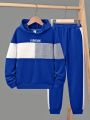 SHEIN Kids SPRTY Teen Boys' Hooded Color Block Pullover Sweatshirt And Sport Pants Set