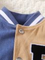 Young Boy Letter Patched Striped Trim Colorblock Varsity Jacket