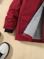 SHEIN Kids EVRYDAY Young Boy Letter Patched Detail Fuzzy Trim Hooded Thermal Lined Coat