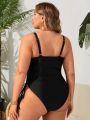 SHEIN Swim Curve Plus Size Round Loop Detail Hollow Out Side Drawstring One-Piece Swimsuit