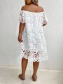 SHEIN VCAY Plus Size Hollow Out Embroidered One-Shoulder Solid Color Dress