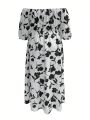 Plus Size Women'S Floral Printed One-Shoulder Split Hem Maxi Dress