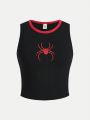 SHEIN Teen Girls' Knit Patchwork Spider Embroidery Pattern Sleeveless Tank Top For Casual Wear